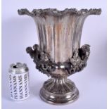 A LARGE 19TH CENTURY TWIN HANDLED SILVER PLATED WINE COOLER decorated with vines and foliage. 29 cm