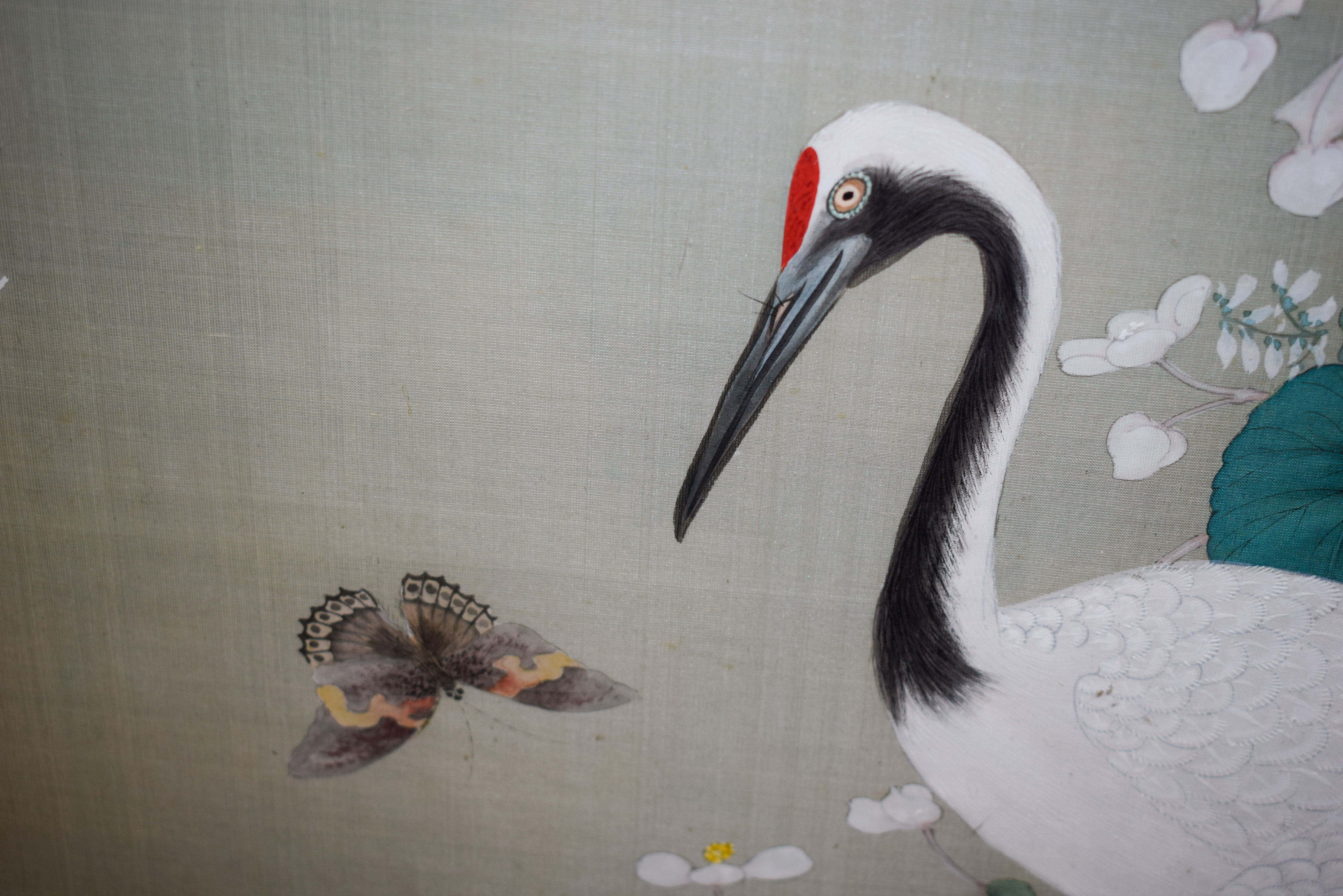 A 19TH CENTURY JAPANESE MEIJI PERIOD THREE PANEL SILKWORK SCREEN painted with birds within a landsca - Image 22 of 27