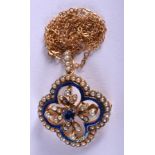 A FINE EDWARDIAN 18CT GOLD ENAMEL SAPPHIRE AND PEARL NECKLACE. 8.5 grams.