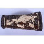 A 19TH CENTURY BAVARIAN BLACK FOREST CARVED IVORY AND STAG ANTLER CASE decorated with hunting scenes