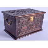 A LARGE 19TH CENTURY CHINESE HONGMU TWIN HANDLED TRAVELLING BOX AND COVER decorated with dragons and
