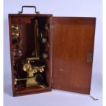 A GOOD LATE 19TH CENTURY CHARLES BAKER BRASS ENGLISH MICROSCOPE C1870 with various accessories and l