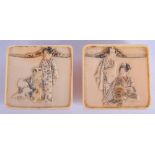 A PAIR OF 19TH CENTURY JAPANESE MEIJI PERIOD CARVED IVORY TOGGLES depicting geisha and other figures