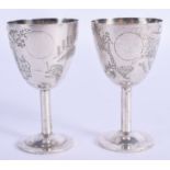 A PAIR OF 19TH CENTURY CHINESE LUEN WO SILVER GOBLETS Qing. 75 grams. 7.5 cm high.