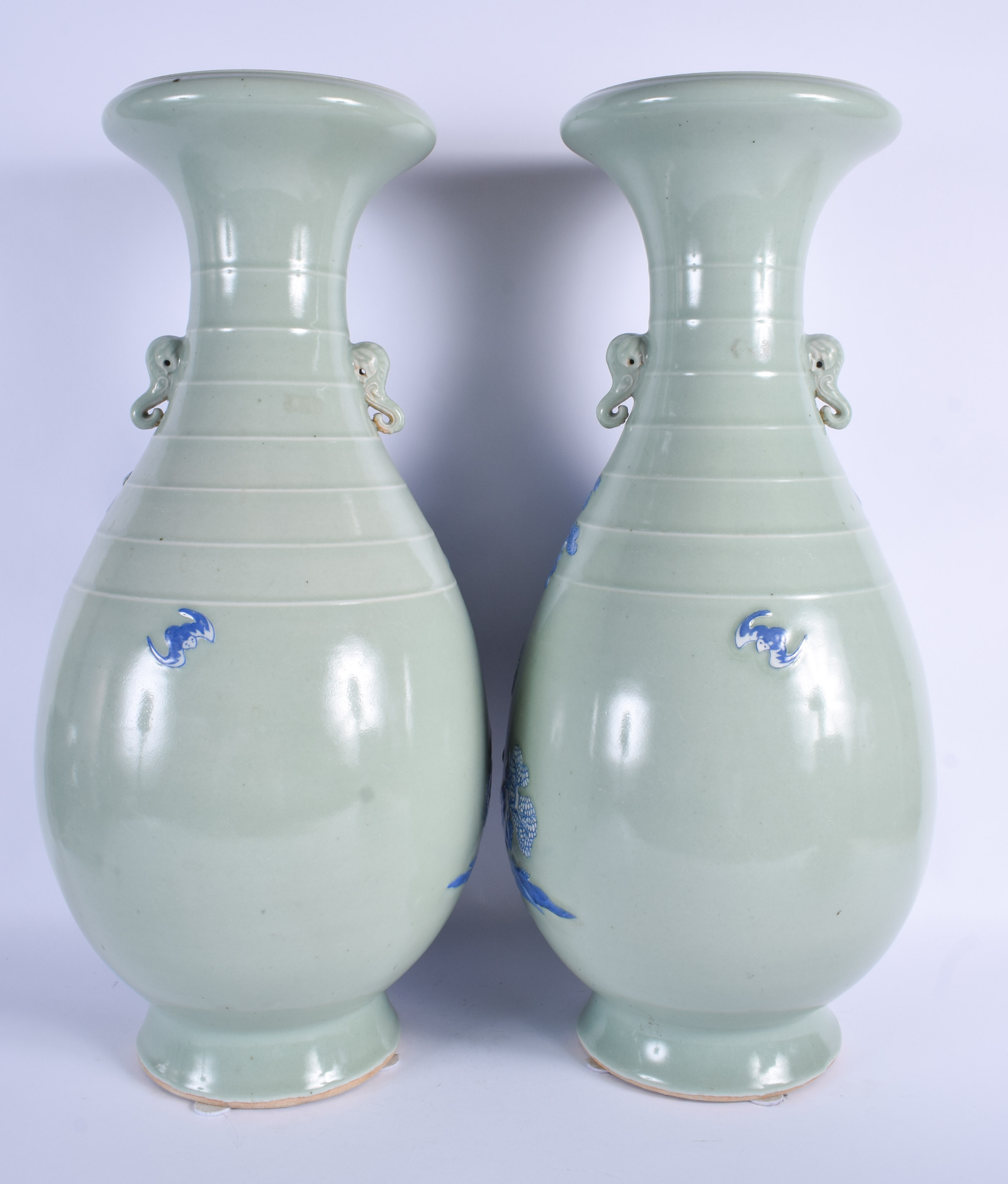 A LARGE PAIR OF 19TH CENTURY CHINESE CELADON BLUE AND WHITE VASES Late Qing, painted with figures in - Image 3 of 7