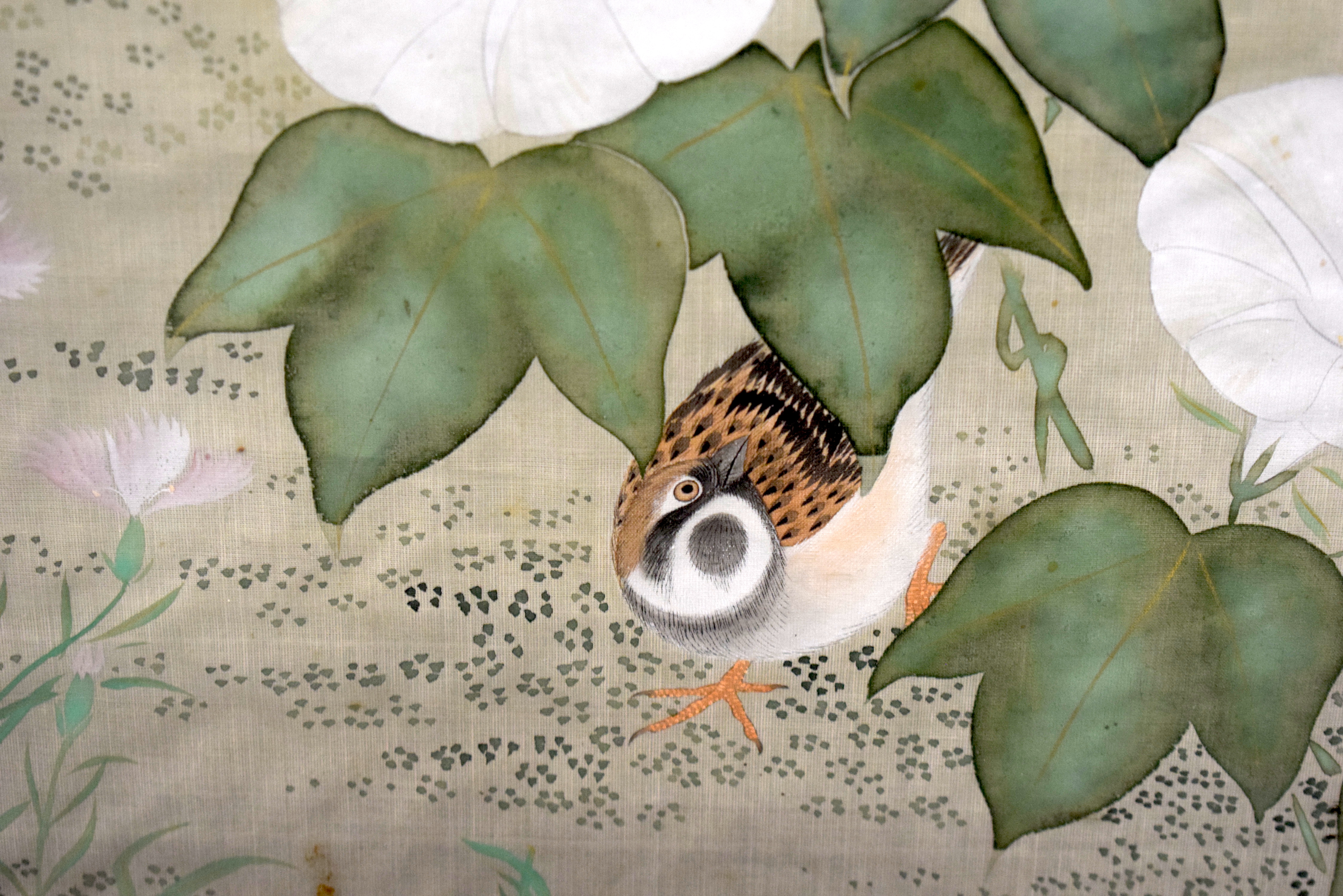 A 19TH CENTURY JAPANESE MEIJI PERIOD THREE PANEL SILKWORK SCREEN painted with birds within a landsca - Image 5 of 27