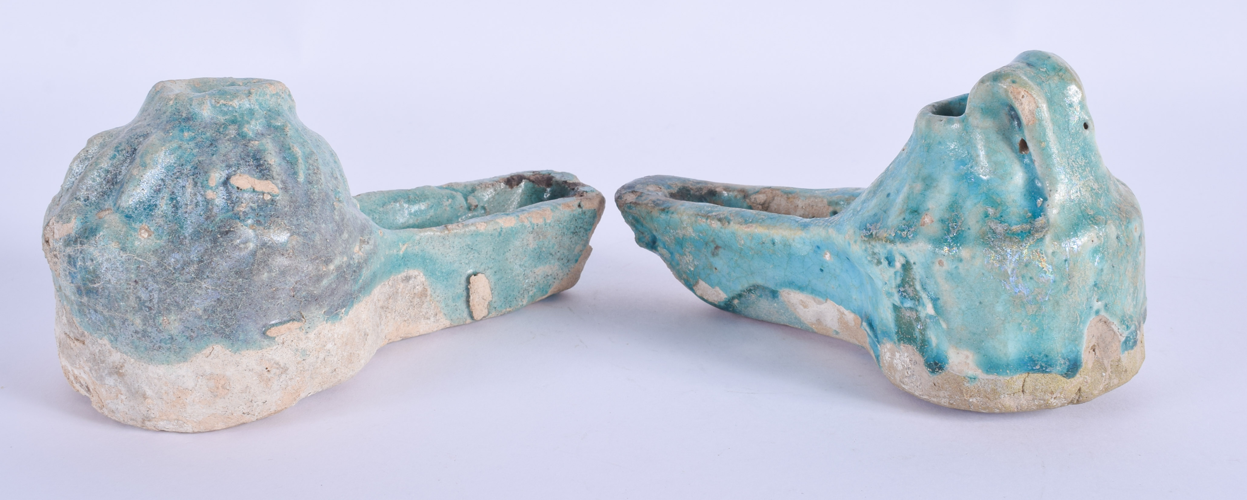 A PAIR OF 12TH/13TH CENTURY PERSIAN TURQUOISE GLAZED OIL LAMPS Iran. 14 cm x 7 cm. (2) - Image 2 of 4