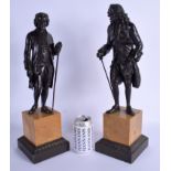 A RARE LARGE PAIR OF 19TH CENTURY EUROPEAN BRONZE FIGURES modelled upon sienna marble bases. 47 cm h