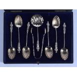 A CASED SET OF ENGLISH SILVER APOSTLE COFFEE SPOONS with matching sifter. 2 oz. (7)