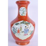 A LARGE EARLY 20TH CENTURY CHINESE CORAL GROUND PORCELAIN VASE Qing/Republic, bearing Qianlong marks