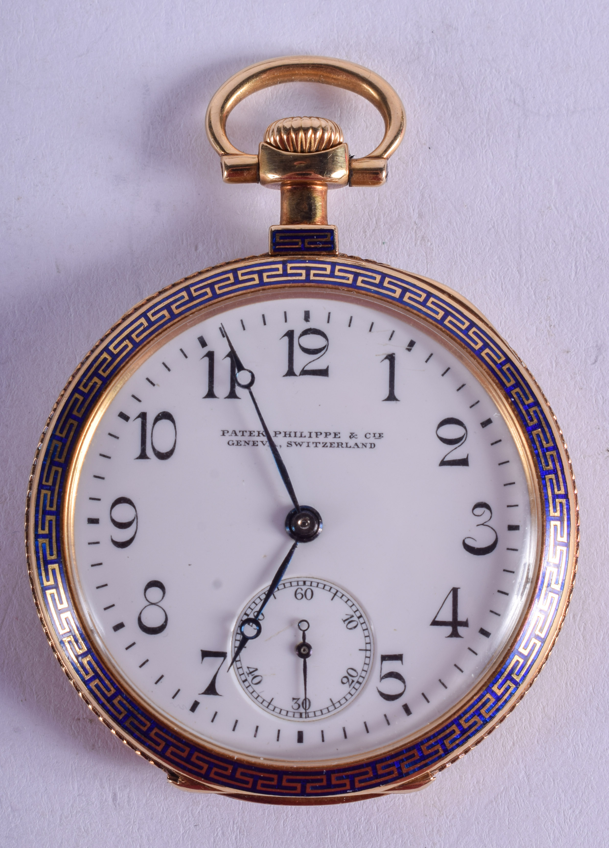 A FINE 18CT GOLD SWISS PATEK PHILIPPE ENAMEL POCKET WATCH with Greek key banding. 62.4 grams overall