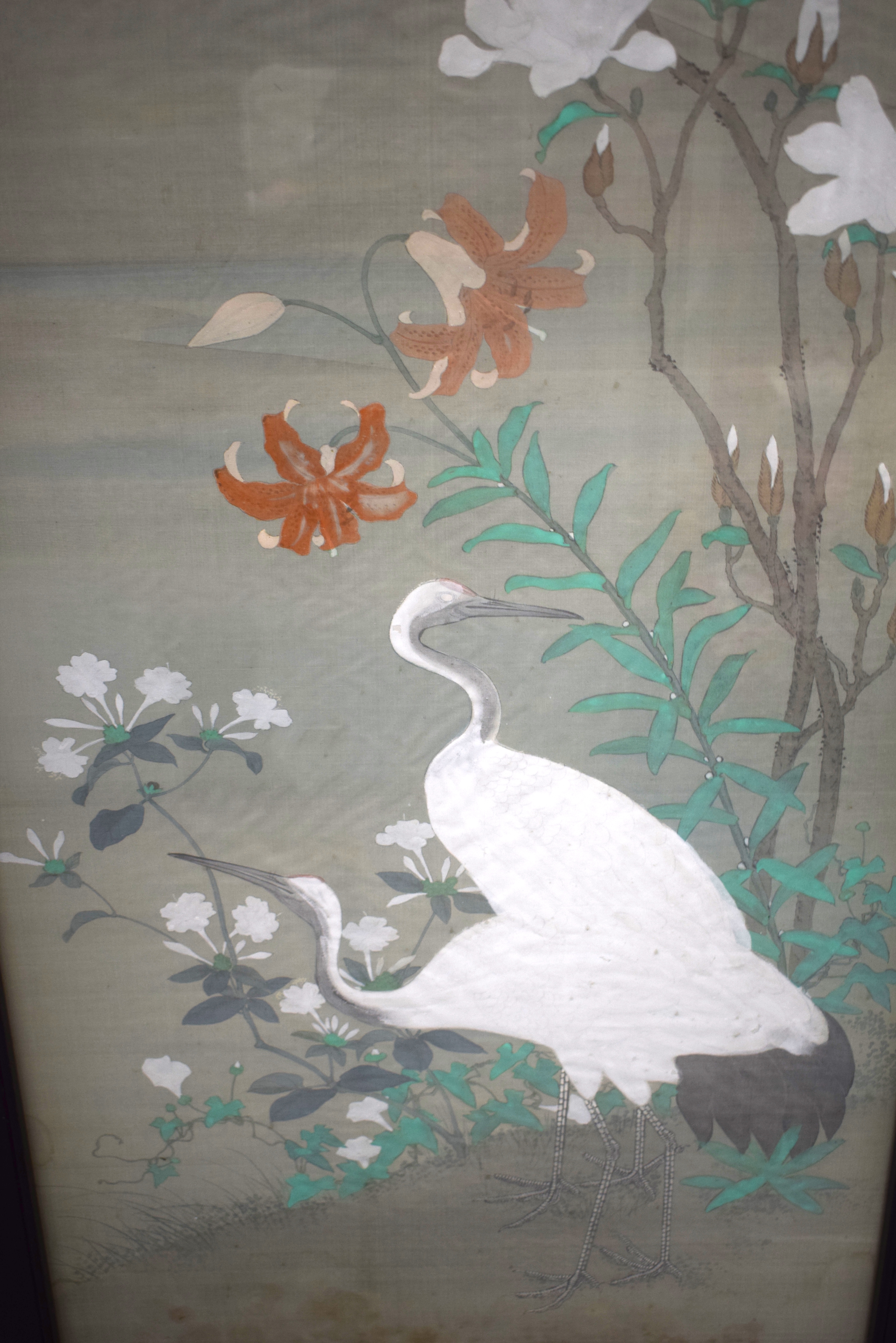 A 19TH CENTURY JAPANESE MEIJI PERIOD THREE PANEL SILKWORK SCREEN painted with birds within a landsca - Image 12 of 27