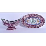 A 1920S PERSIAN IRANIAN MIDDLE EASTERN ENAMEL OVAL BOWL with a matching dish. Bowl 24 cm x 10 cm. (2