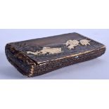 A 19TH CENTURY BAVARIAN BLACK FOREST CARVED IVORY AND STAG ANTLER SNUFF BOX decorated with dogs purs
