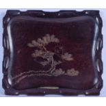 A 1930S JAPANESE CARVED HARDWOOD RECTANGULAR TRAY decorated with fan shaped landscapes. 34 cm x 26 c