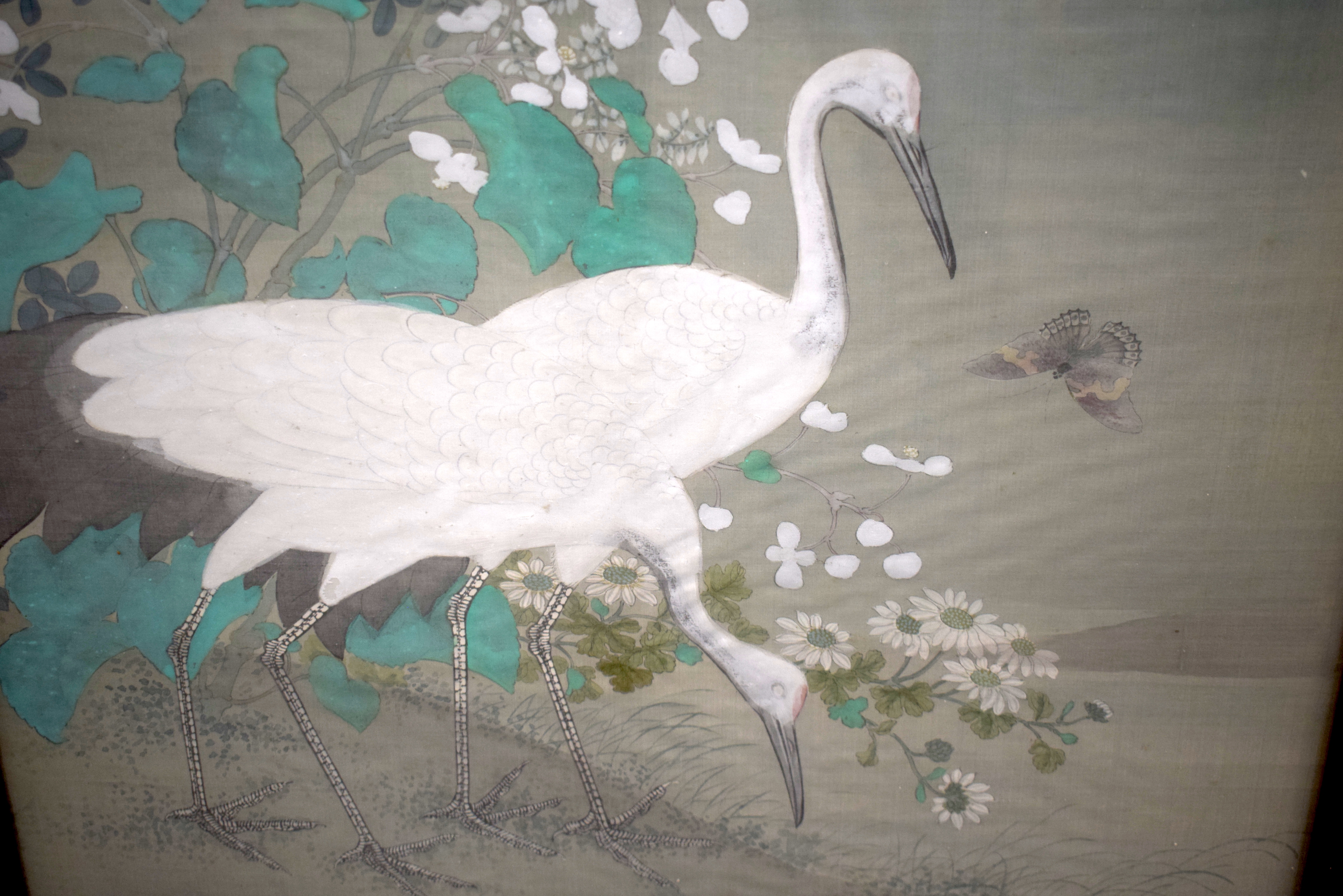 A 19TH CENTURY JAPANESE MEIJI PERIOD THREE PANEL SILKWORK SCREEN painted with birds within a landsca - Image 9 of 27