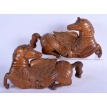 A RARE PAIR OF 18TH CENTURY EUROPEAN FRUITWOOD TREEN CARVED HORSES Dutch of French, modelled overlai
