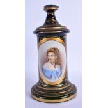 A 19TH CENTURY BOHEMIAN GREEN GLASS PEDESTAL painted with a female. 27 cm x 11 cm.