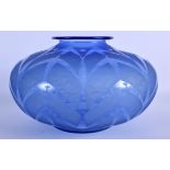 A LARGE ART DECO FRENCH BLUE GLASS BOWL by Daum, decorated with angular motifs. 25 cm x 19 cm.