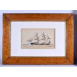 A 19TH CENTURY CONTINENTAL NAIEVE WATERCOLOUR PAINTING British boat in full sail. Image 30 cm x 15 c