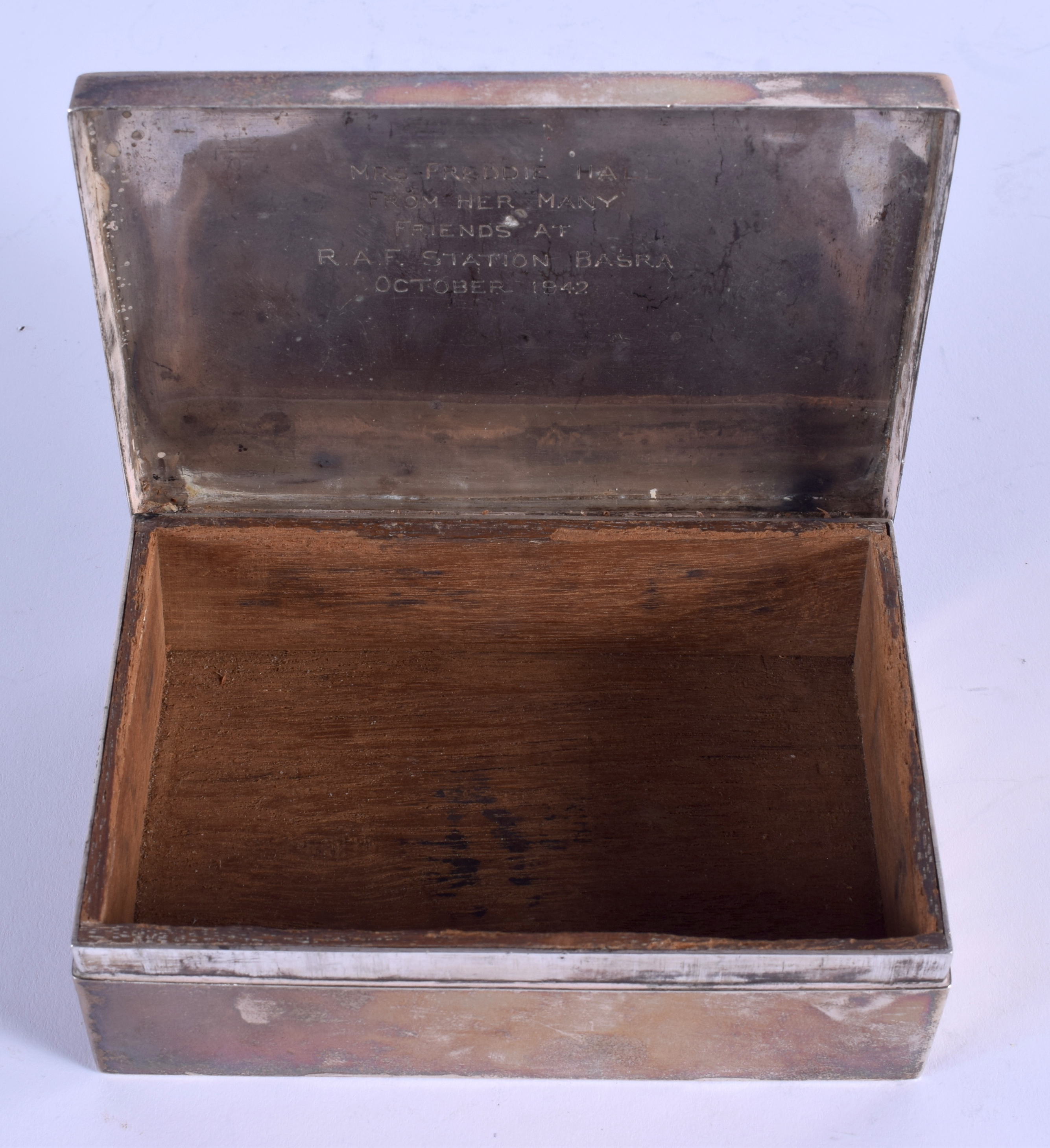 A RARE 1940S RAF STATION BASRA SILVER CIGARETTE BOX. 12.9 oz inc liner. 12 cm x 8 cm. - Image 4 of 4