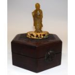 A BOXED CHINESE CARVED SOAPSTONE FIGURE OF LUOHAN. Figure 11 cm high. (3)