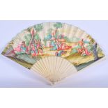 AN ANTIQUE CONTINENTAL PAINTED IVORY WATERCOLOUR FAN depicting figures in various pursuits. 44 cm wi