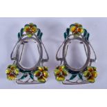 A PAIR OF MINIATURE SILVER AND ENAMEL FRAMES. 3.5 cm x 4 cm.