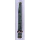AN EARLY 20TH CENTURY JADEITE AND SILVER CHEROOT HOLDER. 9.25 cm long.