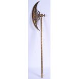 A MIDDLE EASTERN GOLD INLAID IRON CEREMONIAL AXE decorated with script and foliage. 68 cm long.