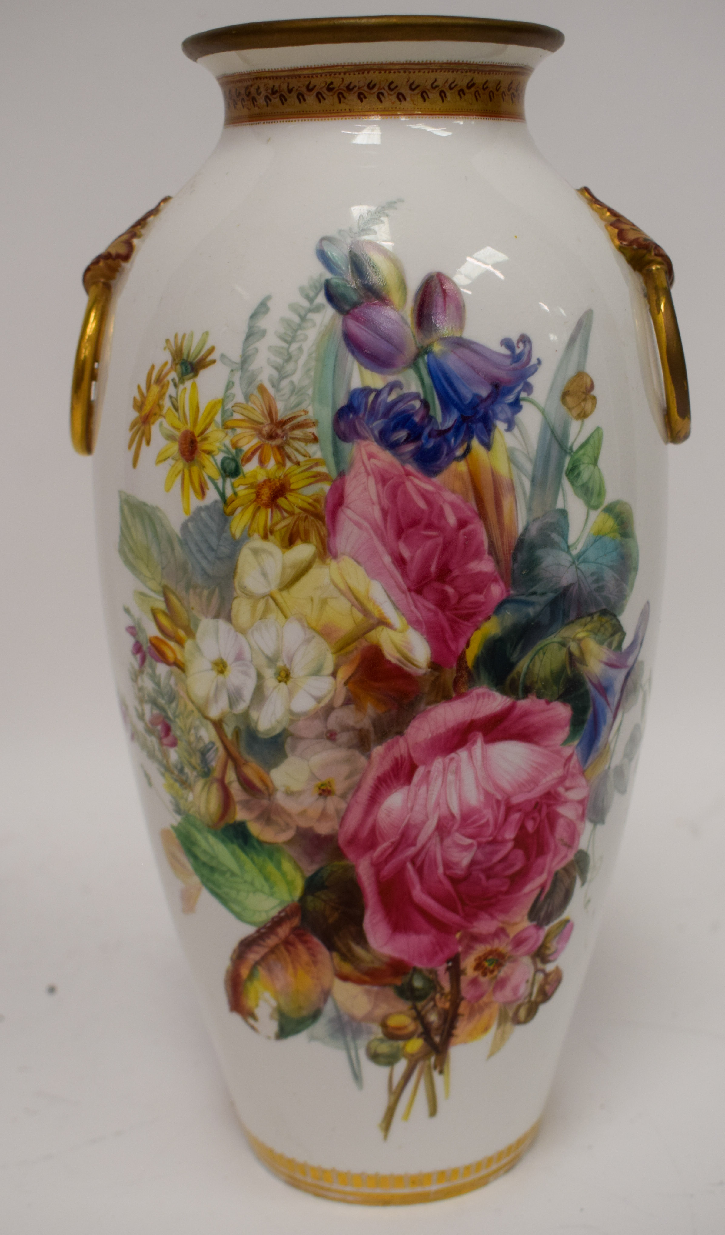 19th c. Royal Worcester/Kerr and Binns beautiful pair of large vases having ring handles finely pain - Image 12 of 15