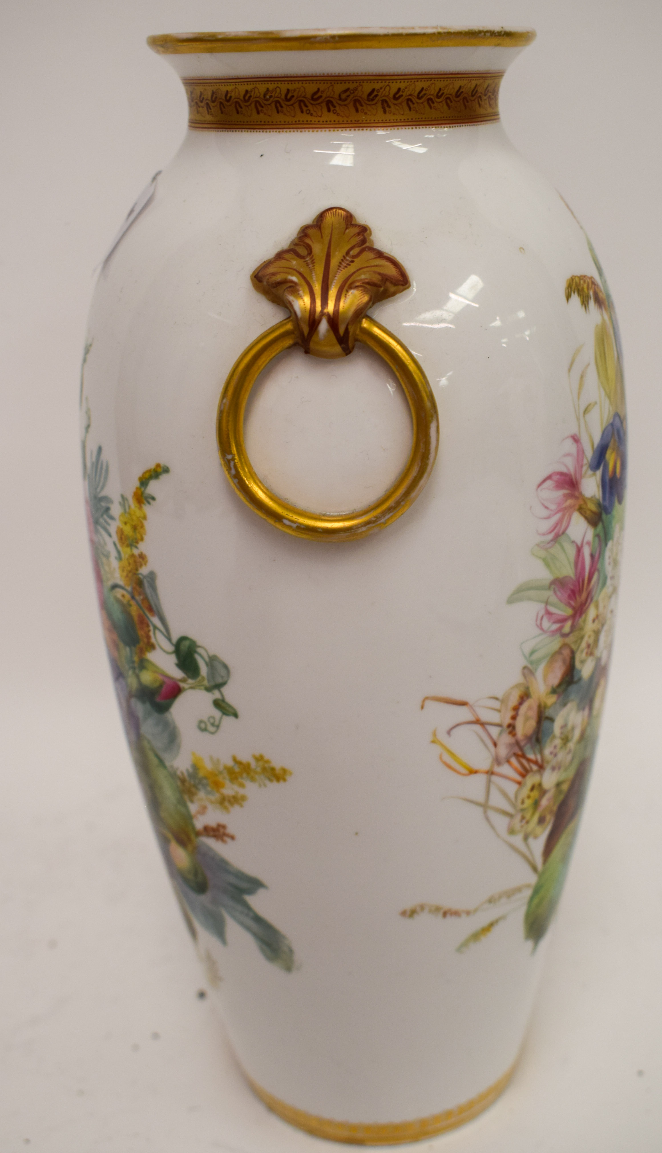 19th c. Royal Worcester/Kerr and Binns beautiful pair of large vases having ring handles finely pain - Image 5 of 15