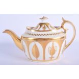 Early 19th c. Minton rare oval teapot and cover decorated with alternating gold leaves and vases. 16