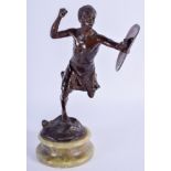 AN EARLY 20TH CENTURY AUSTRIAN BRONZE FIGURE OF A WARRIOR modelled holding a shield upon an onyx bas