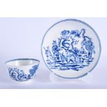 18th c. Derby rare teabowl and saucer printed in blue with three oriental figures herding cattle.
