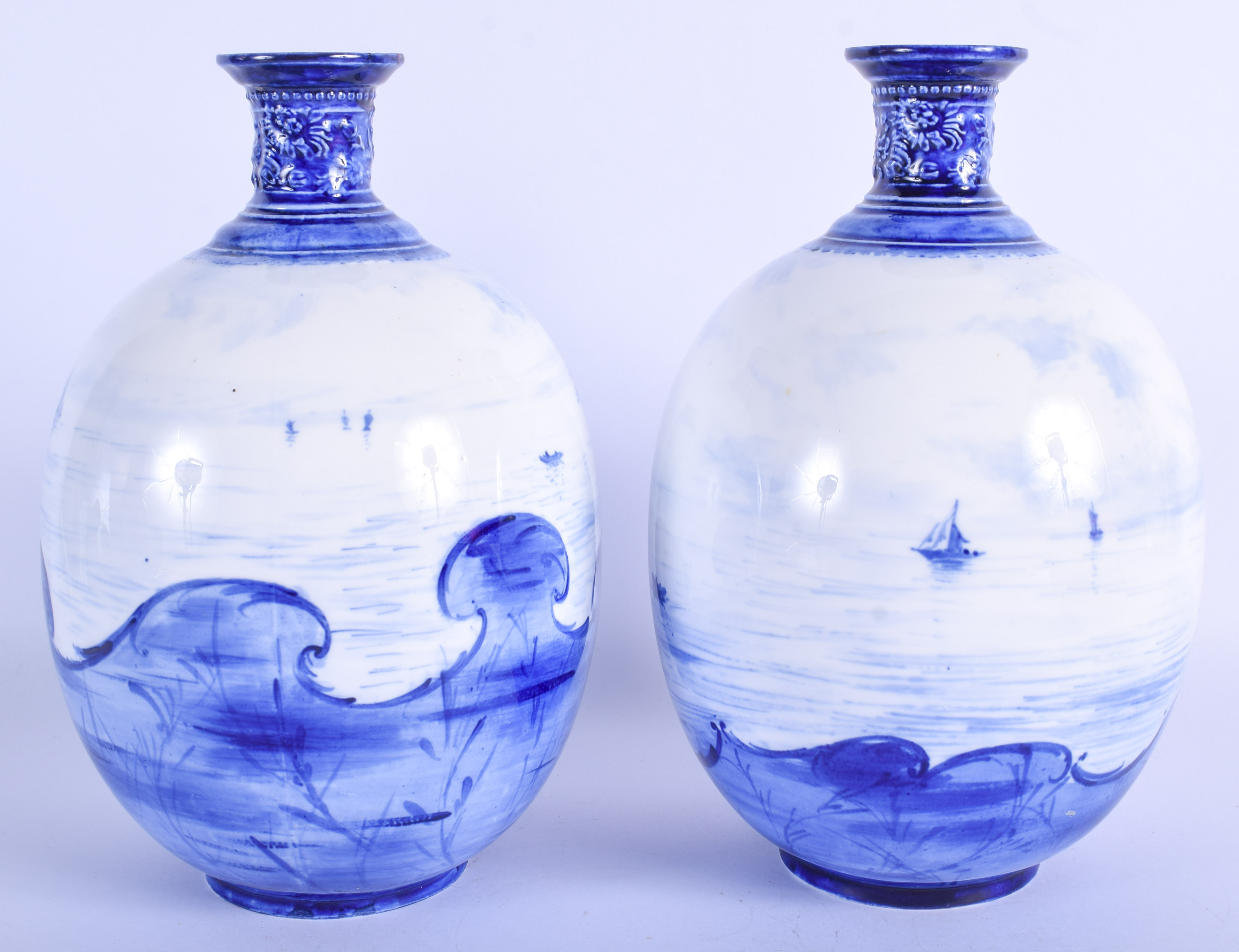 Royal Crown Derby pair of vases painted in blue with seascapes by WEJ Dean date code for 1895. 20.5c - Image 2 of 3