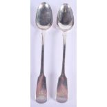 A MATCHED PAIR OF EARLY 19TH CENTURY SILVER SERVING SPOONS by William Bateman. London 1828 & 1833. 2