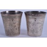 A PAIR OF ANTIQUE MIDDLE EASTERN SILVER BEAKERS probably Turkish. 182 grams. 8.75 cm high.