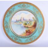 20th c. Minton large charger painted with Windsor Castle under a turquoise and acid etched gilt bord