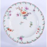 18th c. Chelsea plate with moulded border painted with flowers, red anchor and stilt marks. 21.5cm d