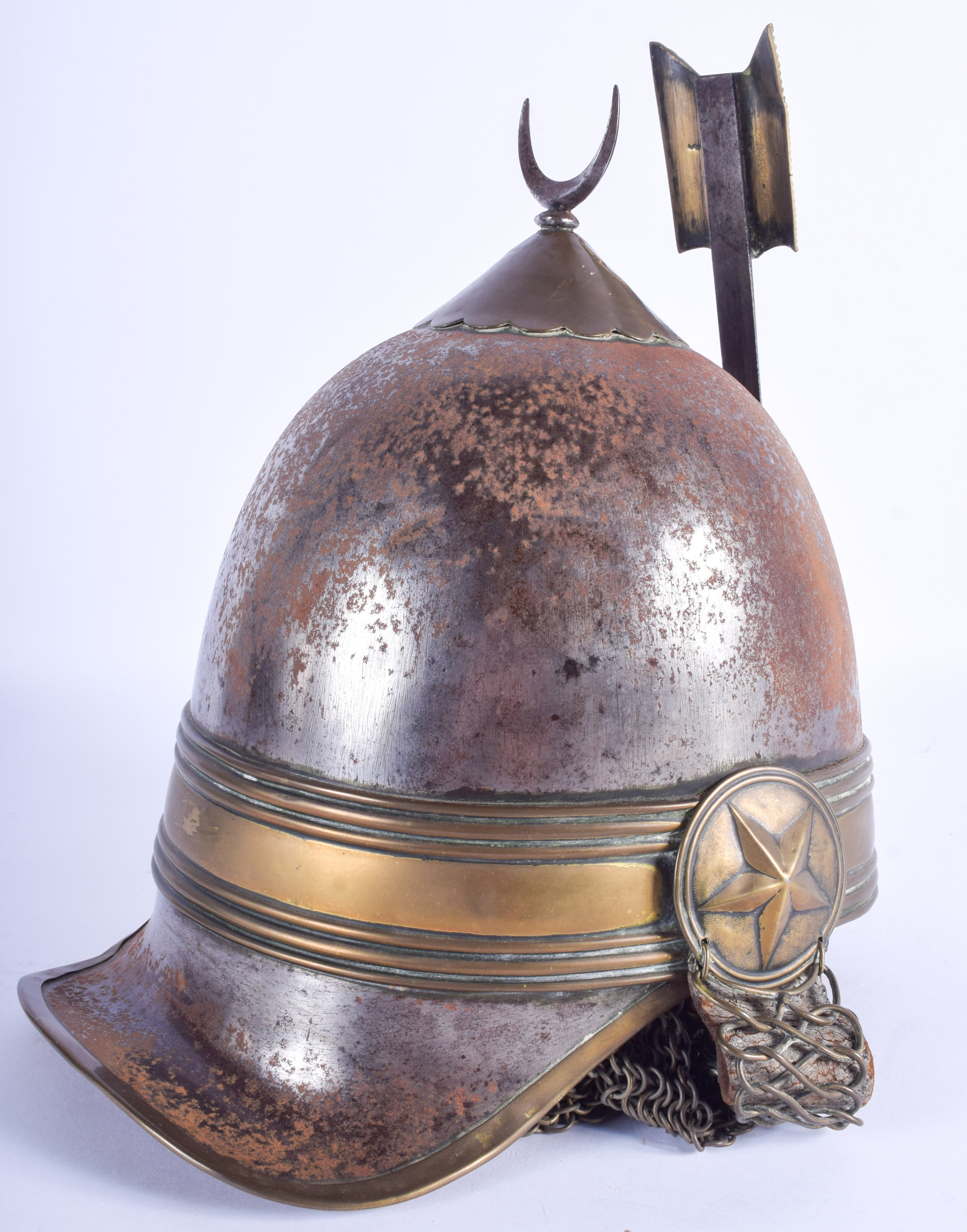 A 19TH CENTURY MIDDLE EASTERN TURKISH OTTOMAN MILITARY HELMET probably bought back from the Crimean - Image 2 of 3