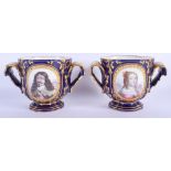 A FINE AND RARE PAIR OF 19TH CENTURY SEVRES PORCELAIN JARDINIERES of small proportions, painted with