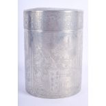 AN EARLY 20TH CENTURY CHINESE PEWTER TEA CADDY AND COVER decorated with figures and landscapes. 18 c