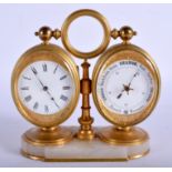 A LOVELY ANTIQUE FRENCH GILT BRONZE DESK CLOCK & THERMOMETER with engraved mounts. 12.5 cm x 13.5 cm