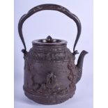 A 19TH CENTURY JAPANESE EDO PERIOD IRON AND BRONZE TETSUBIN TEAPOT AND COVER decorated in relief wit