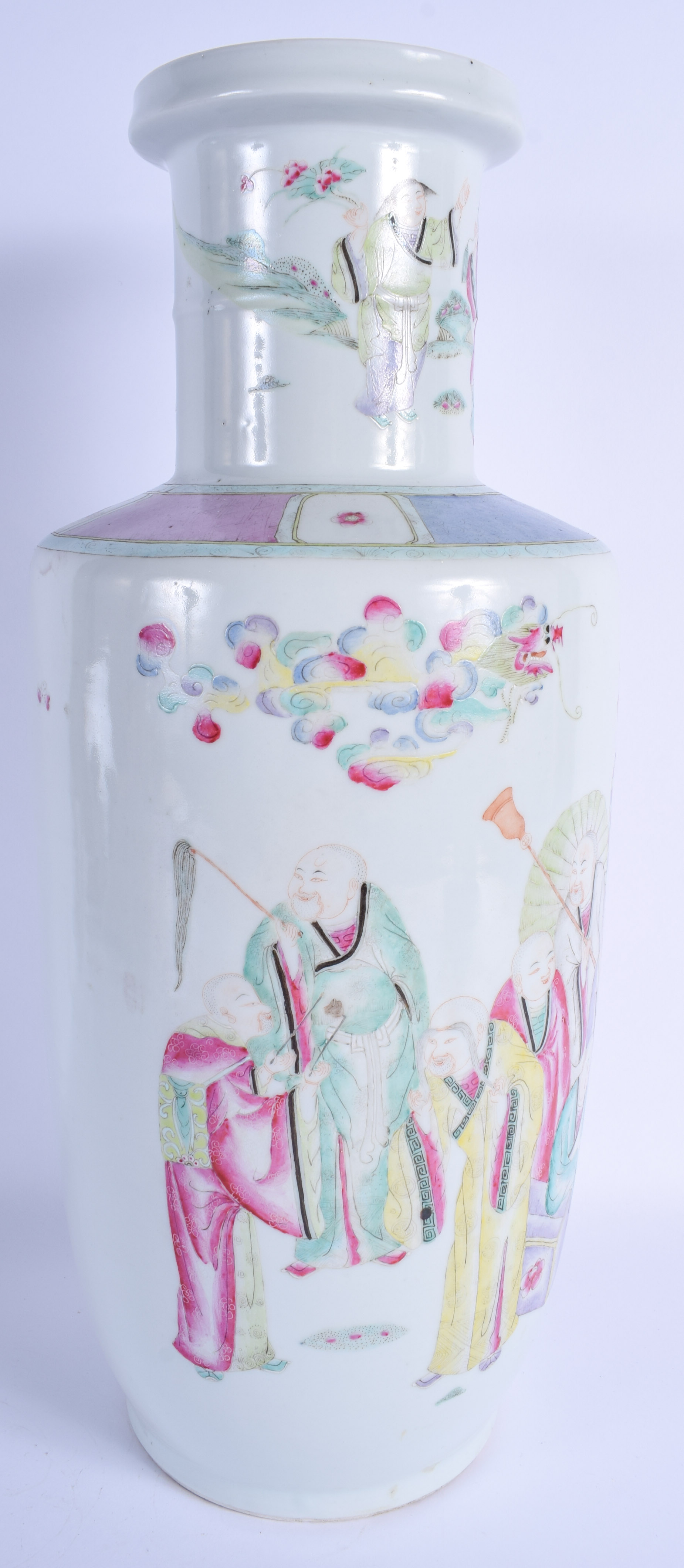 A GOOD 19TH CENTURY CHINESE FAMILLE ROSE ROULEAU VASE Guangxu, Yongzheng style, painted with immorta - Image 3 of 5