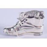 A SILVER BOOT AND CAT VESTA. 5.5 cm wide.