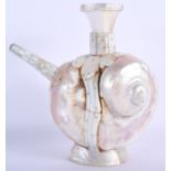 AN UNUSUAL INDIAN GOA CARVED MOTHER OF PEARL SHELL EWER with silver pin decoration. 25 cm x 20 cm.