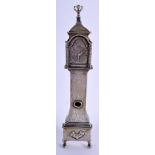 A RARE MINIATURE DUTCH SILVER LONGCASE CLOCK decorated with scrolling foliage. 78 grams. 15 cm high.