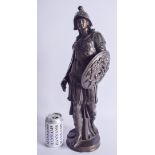 A LARGE 19TH CENTURY CONTINENTAL BRONZE FIGURE OF A CENTURION modelled holding a shield, decorated w